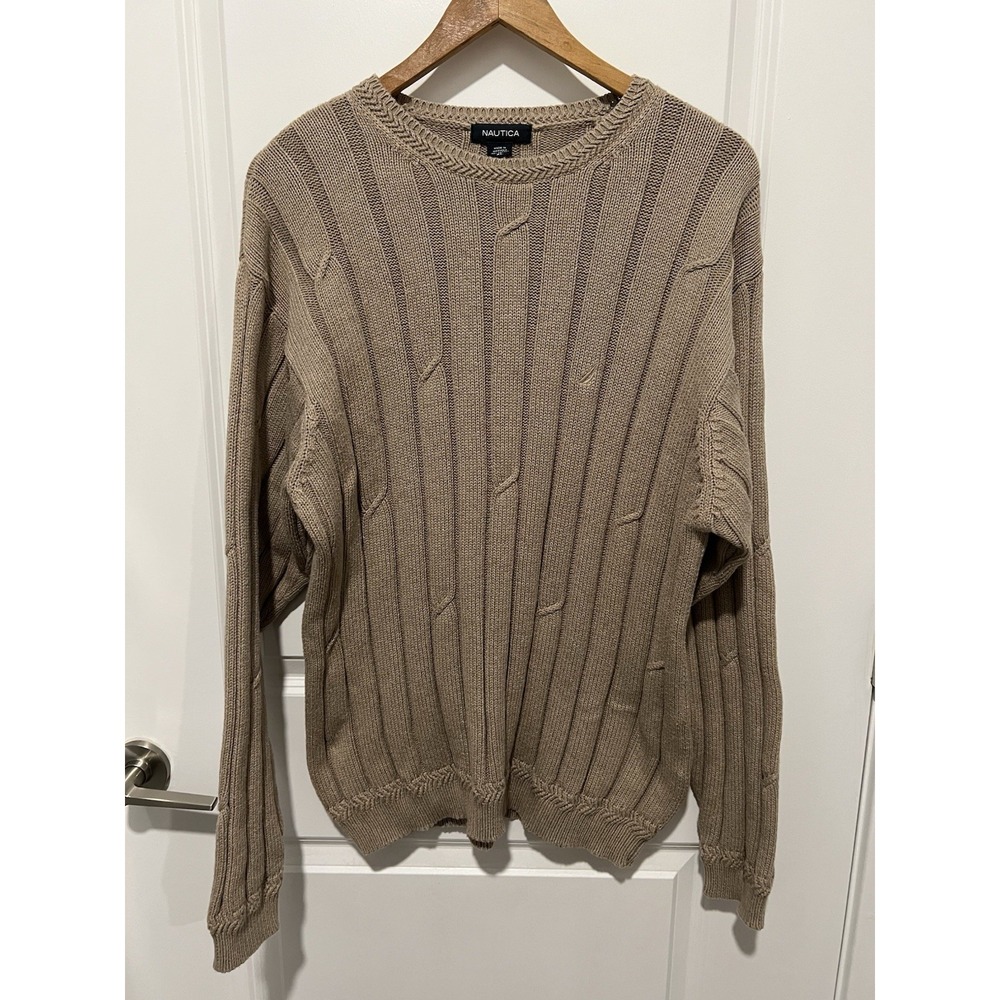Vintage Mens Nautica Cable Knit Ribbed Sweater 100% Cotton XL Oatmeal Beige